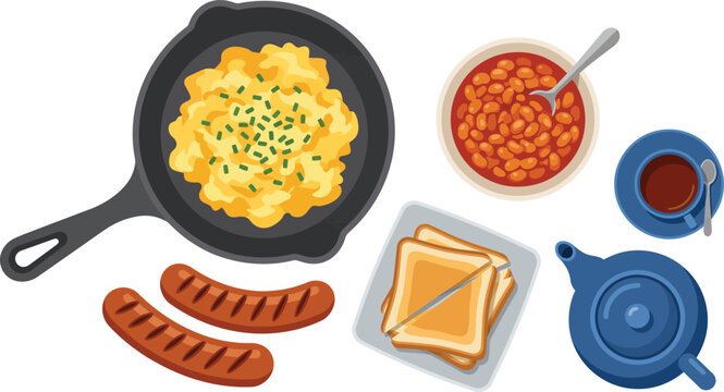 Traditional Breakfast Vector Set Featuring Scrambled Eggs in Skillet Grilled Sausages Baked Beans Toast Coffee Cup and Teapot for Menu Designs