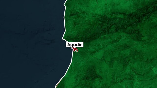 Morocco Agadir coastal city location animated motion map footage