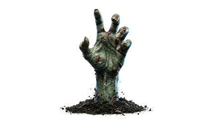 Fototapeta premium Zombie hand reaching up out of dark soil emerges dramatically against a seamless plain white background.