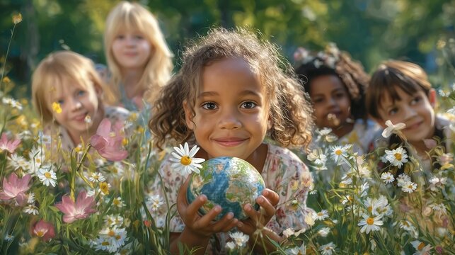 Smiling Children Holding a Globe in a Wildflower Meadow