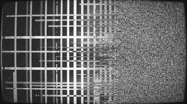 Old crt television screen displaying static noise, signal loss, and a distorted geometric pattern isolated on transparent background