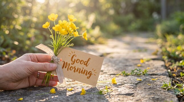 Natural Handheld Bouquet With Good Morning Message Tag Floral Nature Background