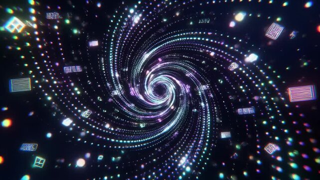 Abstract particle motion in cosmic spiral trajectory animation