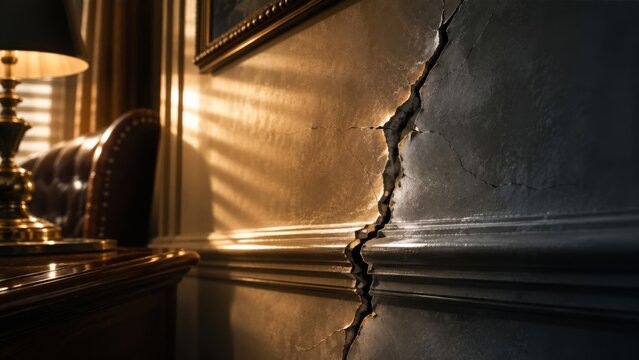 Large structural crack running through an interior wall in a traditional room, showing serious building damage and foundation problems