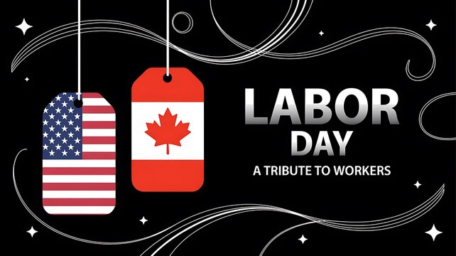 Labor day celebration background with hanging american and canadian flag tags on a black decorative festive backdrop