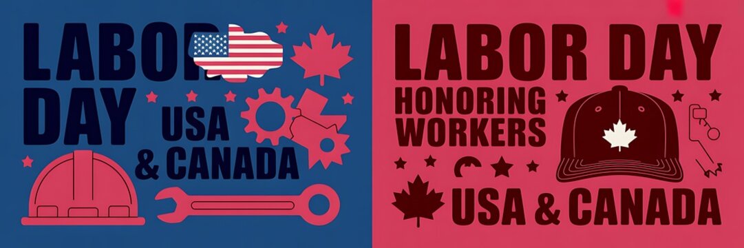 Labor day celebration design featuring usa and canada flags with industrial tools and construction equipment elements