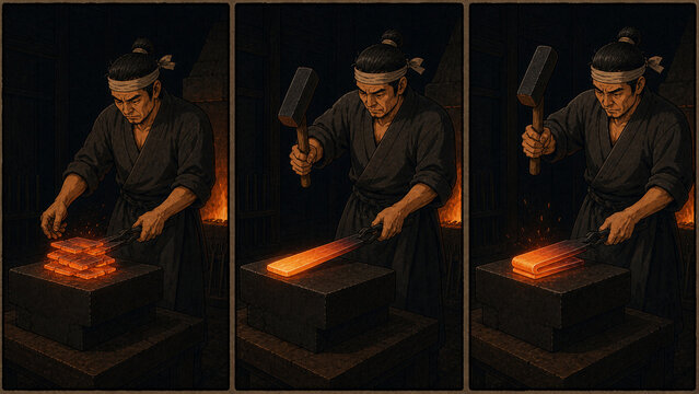 Repeated folding process in traditional Japanese sword forging