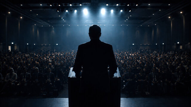 Silhouetted speaker addressing a large audience from a stage, representing leadership, public speaking, business conference and corporate communication