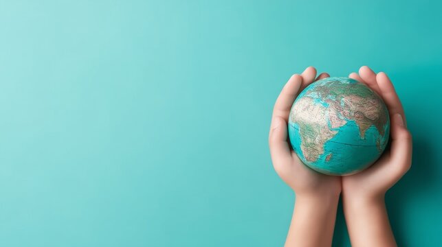 Hands Holding a Small Globe Against a Turquoise Background