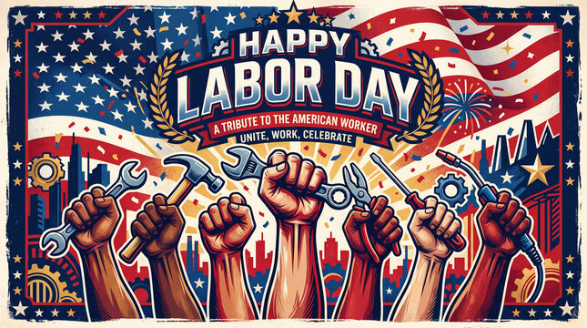 Patriotic labor day celebration illustration featuring raised fists holding industrial tools, bold red and blue color scheme, empowering worker tribute design, dynamic illustrated styling, n