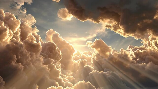 Dramatic Sunlight Rays Piercing Through Stormy Cumulus Clouds at Golden Hour