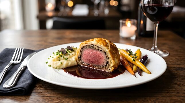 Perfectly cooked beef Wellington with golden puff pastry, truffle mashed potatoes and glazed heirloom carrots plated with red wine and rich jus in an intimate, candlelit restaurant presentation.