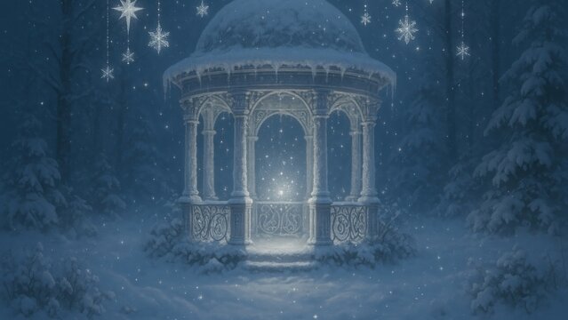 Enchanting snowy gazebo nightscape