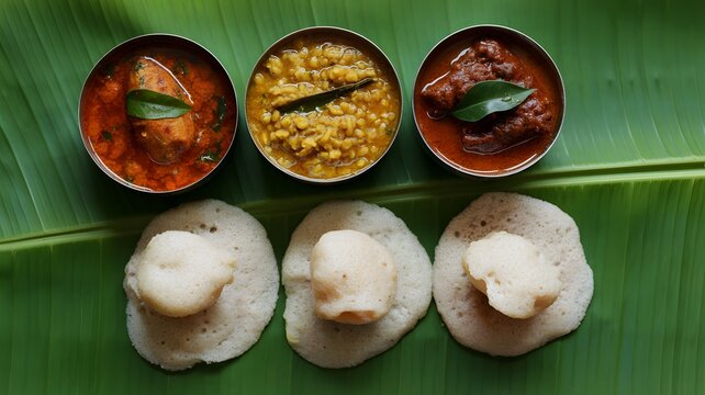 Traditional south indian breakfast of soft white appam served with various spicy curries on a banana leaf