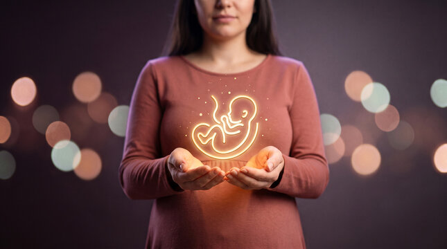 Woman holding glowing fetus icon representing pregnancy and maternity care concept