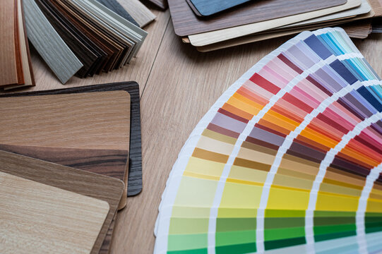 Color Swatch Palette Deck with Wooden Veneer Samples and Edge Banding for Interior Design Project