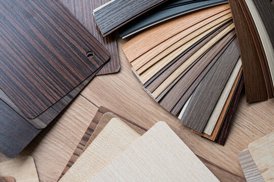 Wooden Material Samples Palette Spread with Copy Space on Natural Wood Surface Background Concept