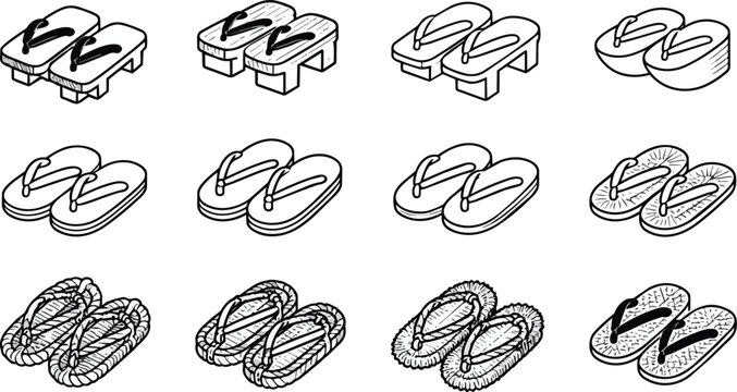 Japanese Traditional Sandals and Footwear Icon Set Line Art