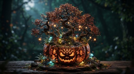 Obraz premium Mystical Japanese Inspired Halloween Pumpkin Diorama in Enchanted Forest