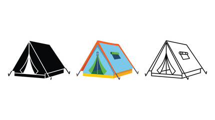 Camping tent collection featuring black silhouette blue colorful graphic and simple white black line art © farwa_000