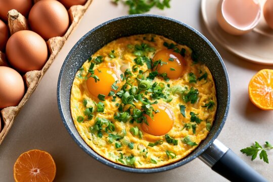 Freshly cooked eggs in a skillet, garnished with herbs