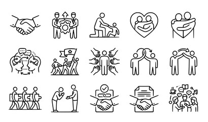 Fototapeta premium Business Friendship and Relationship Line Icon Set Featuring Trust Handshake, Mutual Assistance, Teamwork, Social Responsibility, Love, and Cooperation