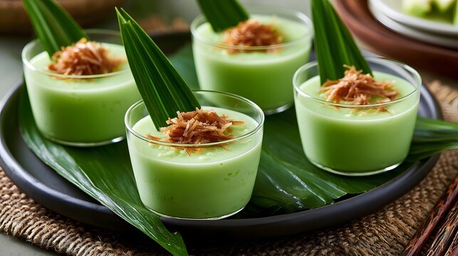 Four servings of green coconut pandan pudding in clear glasses  garnished with toasted coconut flakes and pandan leaves on a dark plate
