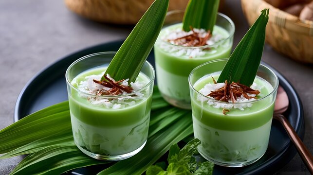Three glasses of green coconut pandan pudding garnished with coconut flakes and pandan leaves on a dark plate