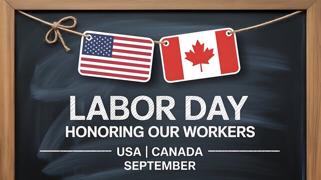 Labor day celebration background with american and canadian flags hanging on a wooden framed chalkboard