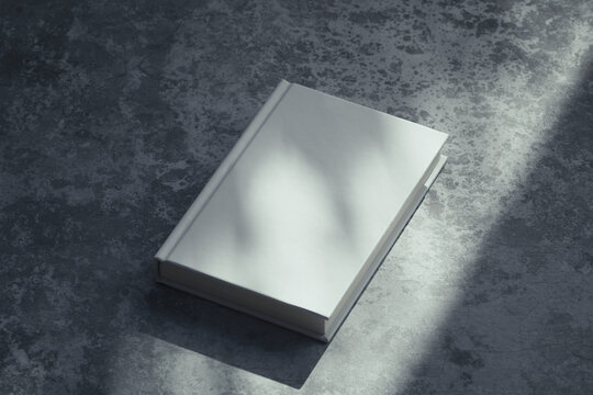 Minimalist 3D render of a blank white book lying on an empty gray concrete floor with textured stains, soft natural sunlight, botanical window gobo shadow, and copy space for book cover mockup.