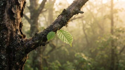 Fototapeta premium Artistic close-up of a solitary tree branch and rugged trunk, one or two vibrant green leaves covered in tiny water droplets, soft mist, golden light, luxurious nature wallpaper.