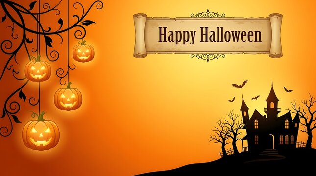 Spooky halloween night with jack o' lanterns haunted castle bats and a festive orange background