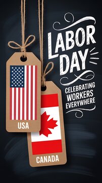 Labor day celebration poster with hanging tags featuring american and canadian flags on a chalkboard background