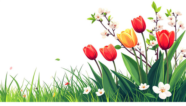 A vibrant spring scene featuring colorful red and yellow tulips blooming alongside delicate white cherry blossoms and lush green grass against a clean white background.