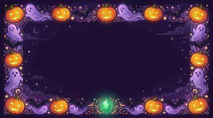 Fototapeta premium Spooky halloween border featuring jack o' lanterns ghosts and a mystical green gemstone on a dark purple background