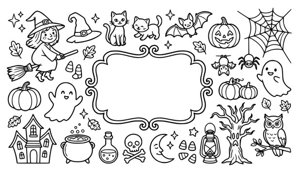 Create a comprehensive 48-element cute Halloween coloring page collection arranged around a central hand-drawn decorative lettering frame on a solid pure white background. Include witch, witch hat, br