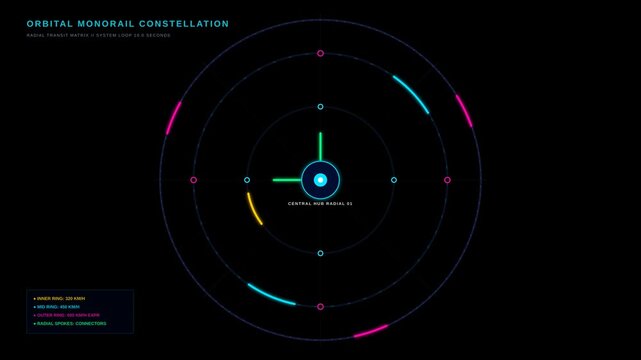 Futuristic Orbital Monorail Constellation HUD Animation with Rotating Circular Radial Data Graphics