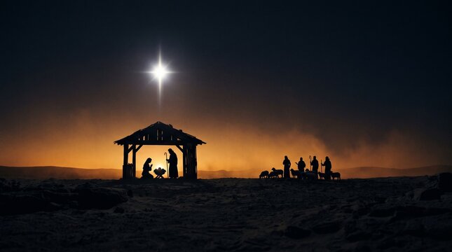 Nativity scene silhouette with the star of bethlehem shining over the manger in a desert landscape at sunset