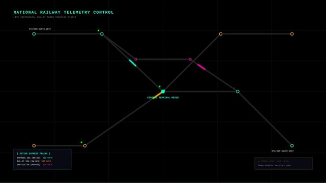 Futuristic Railway Telemetry Control Interface with Moving Bullet Train Track Network Visualization