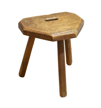 Wooden rustic three-legged stool with transparent background