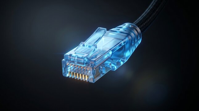 Blue transparent rj45 ethernet network cable connector plug isolated on dark background with ethernet connector internet computer connection technology communicatio