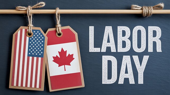 Labor day celebration concept with hanging american and canadian flag tags on a dark chalkboard background