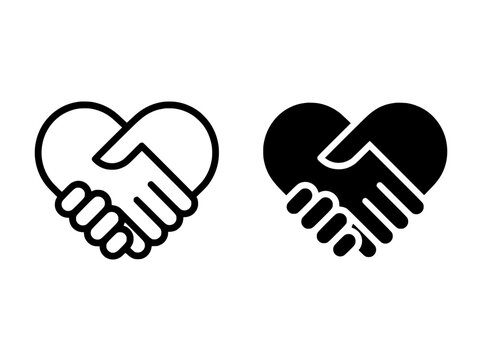 Minimalist heart handshake icons, black and white charity logo vector, partnership and unity symbol for non-profit branding
