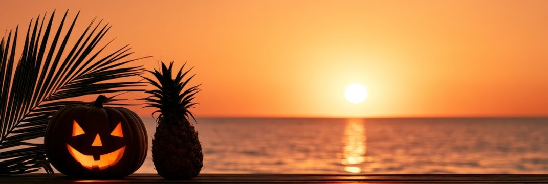 A spooky summer celebration on the beach featuring a pumpkin and a pineapple against a vibrant tropical sunset