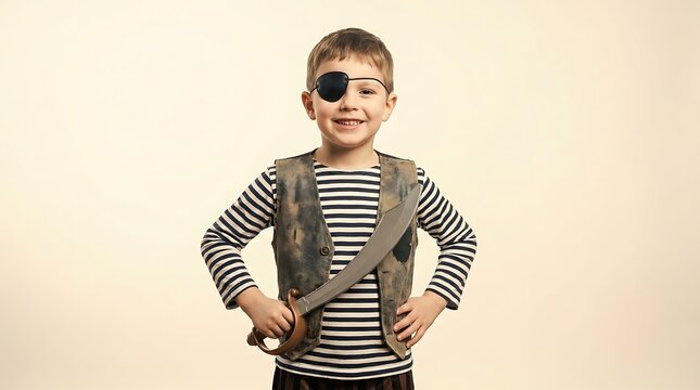 Young boy posing in pirate costume with eye patch