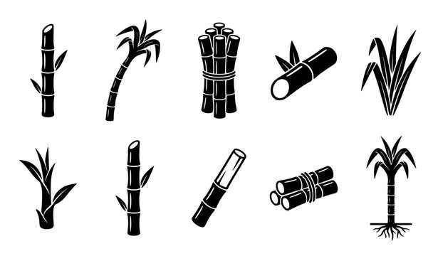Black sugarcane vector icon set with stalk leaves bundle and agricultural plant symbols
