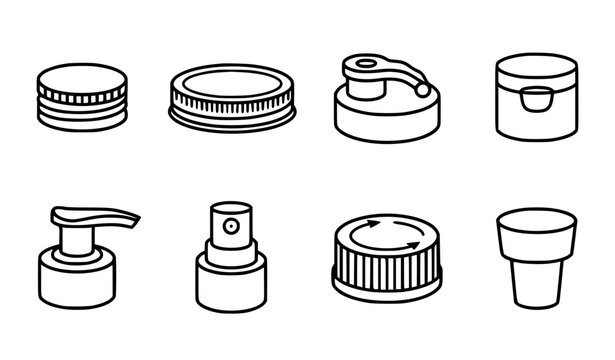 Bottle caps and container lids outline vector icon set with screw flip pump and stopper designs
