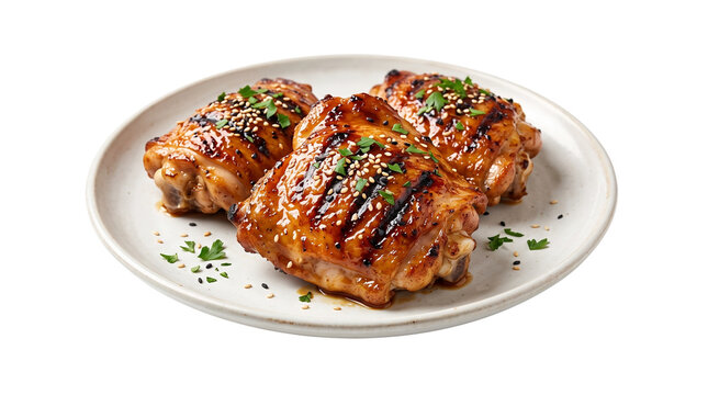 Grilled chicken thighs with teriyaki glaze. Roasted poultry on white plate. Barbecue chicken pieces with sesame seeds and herbs.