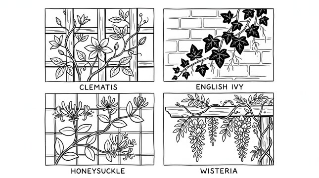Minimalist Black And White Botanical Sketch Of Climber Plants