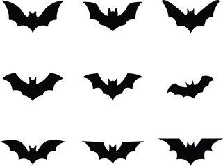 Fototapeta premium Halloween Bat Silhouette Collection, Black Flying Bat Icons Set for Spooky Designs